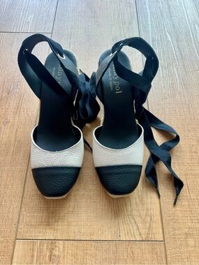 Maypol Espadrille Wedge Sandals EU 39 US 8.5 Black Cream Leather Lace Up Spain